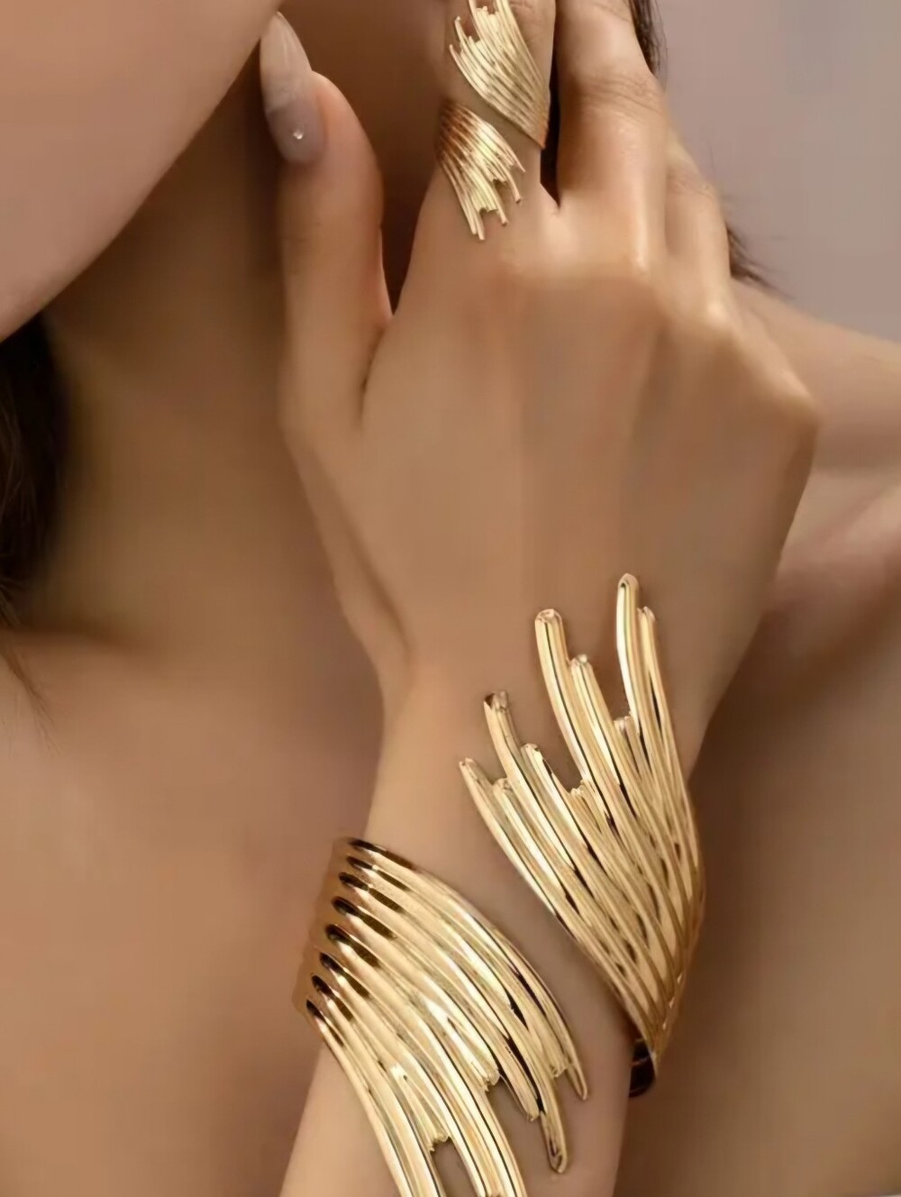 JEWELRY SET VERMEIL GOLD MODERN GEOMETRIC TEXTURED CUFF BRACELET MATCHING RING - Picture 2 of 2